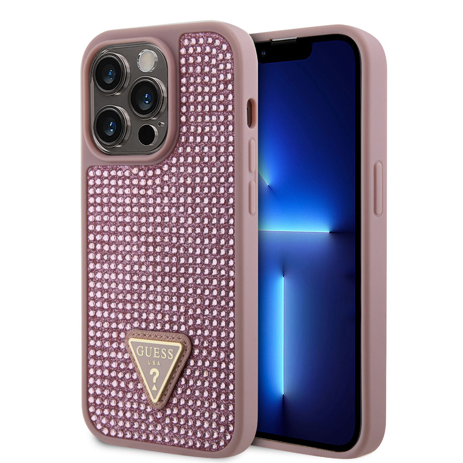 Guess Rhinestones Triangle Metal Logo Pink iPhone 15 Pro Tok