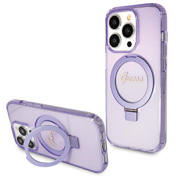 Guess GUHMP15LHRSGSU Purple Hardcase Ring Stand Script Glitter MagSafe iPhone 15 Pro Tok