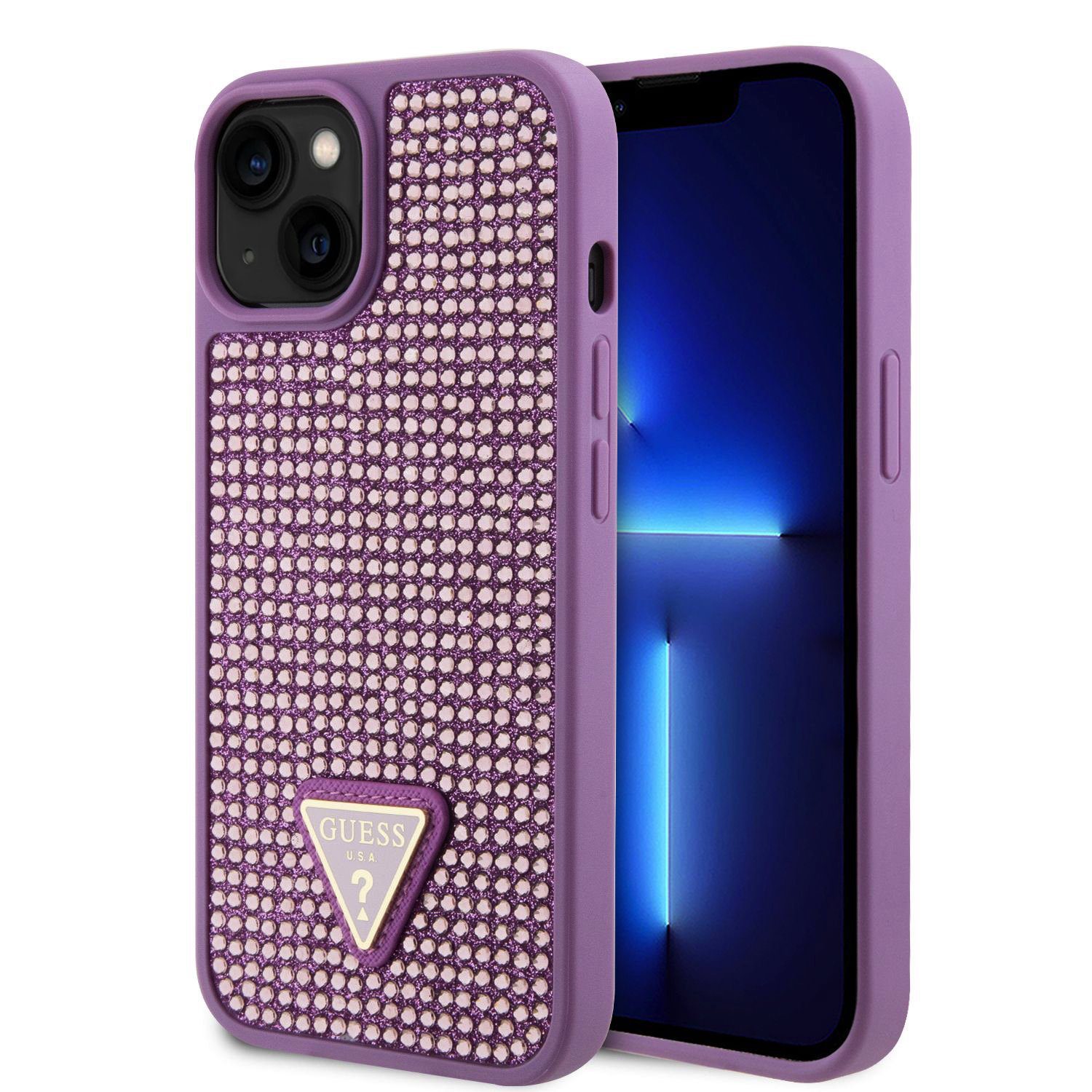 Guess Rhinestones Triangle Metal Logo Purple iPhone 15 Plus Tok