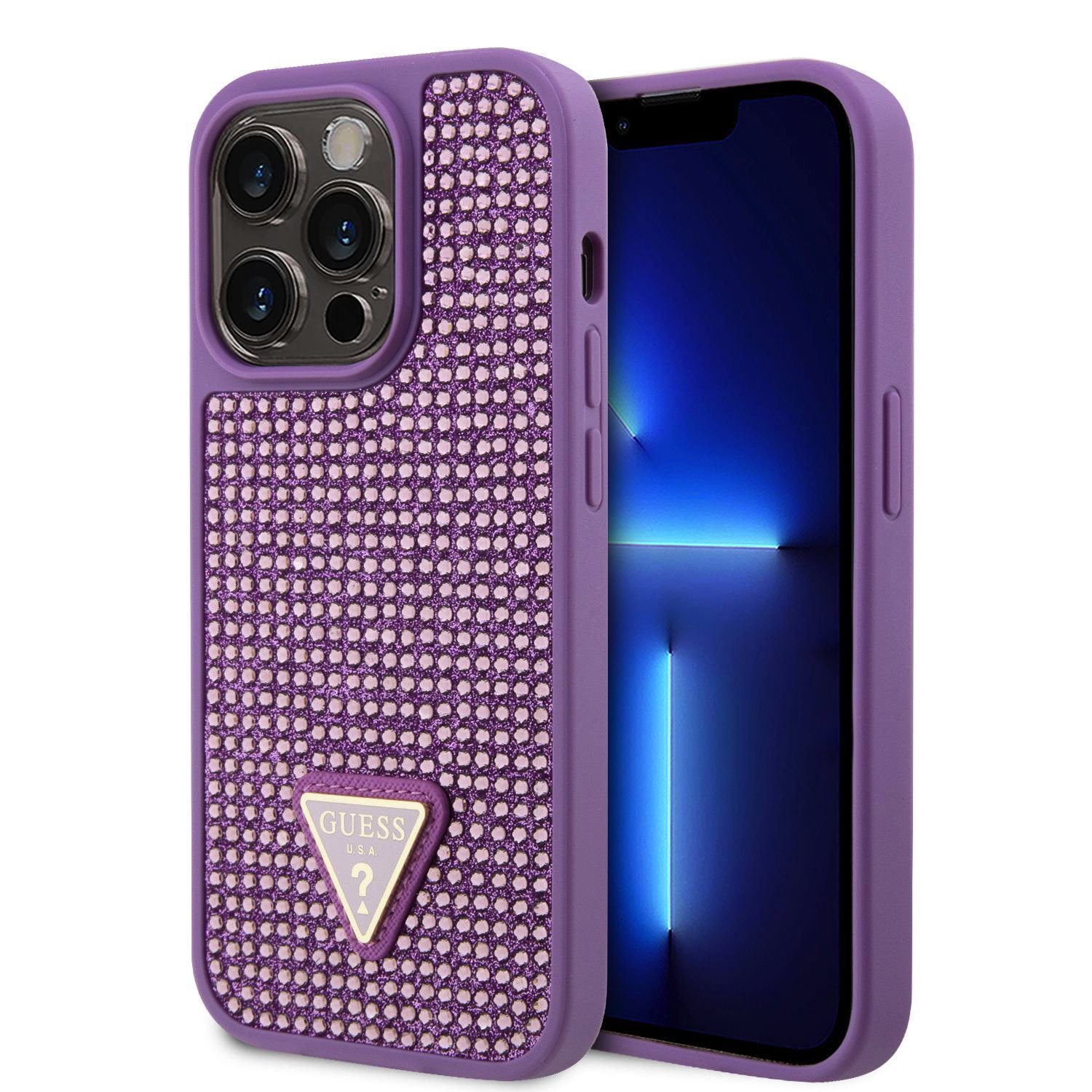 Guess Rhinestones Triangle Metal Logo Purple iPhone 15 Pro Tok