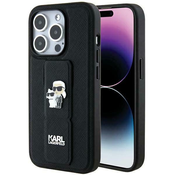 Karl Lagerfeld KLHCP13LGSAKCPK Black Hardcase Gripstand Saffiano Karl&Choupette Pins iPhone 13 Pro Tok