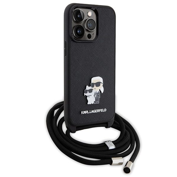 Karl Lagerfeld KLHCP13LSAKCPSK Hardcase Black Crossbody Saffiano Metal Pin Karl & Choupette iPhone 13 Pro Tok