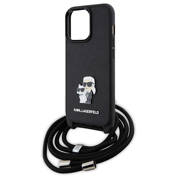 Karl Lagerfeld KLHCP13LSAKCPSK Hardcase Black Crossbody Saffiano Metal Pin Karl & Choupette iPhone 13 Pro Tok
