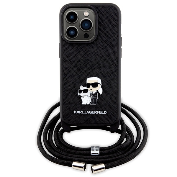 Karl Lagerfeld KLHCP14LSAKCPSK Hardcase Black Crossbody Saffiano Metal Pin Karl & Choupette iPhone 14 Pro Tok