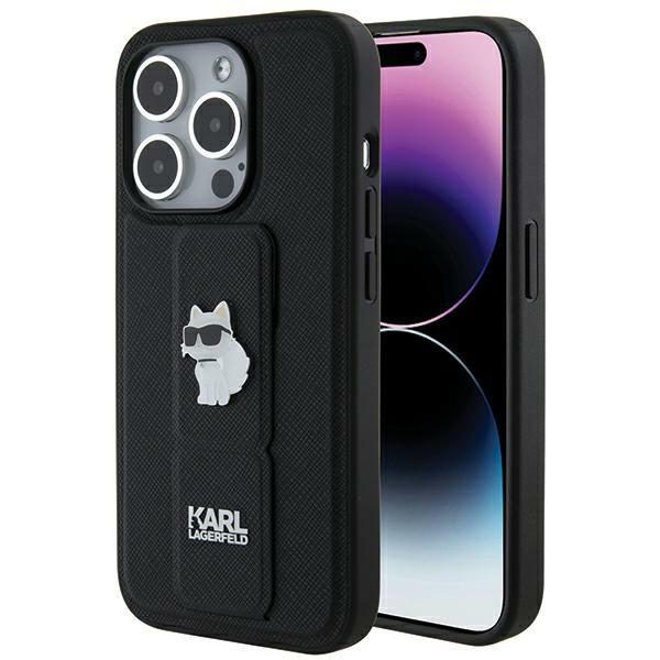 Karl Lagerfeld KLHCP14XGSACHPK Black Hardcase Gripstand Saffiano Choupette Pins iPhone 14 Pro Max Tok