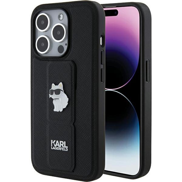 Karl Lagerfeld KLHCP15XGSACHPK Black Hardcase Gripstand Saffiano Choupette Pins iPhone 15 Pro Max Tok
