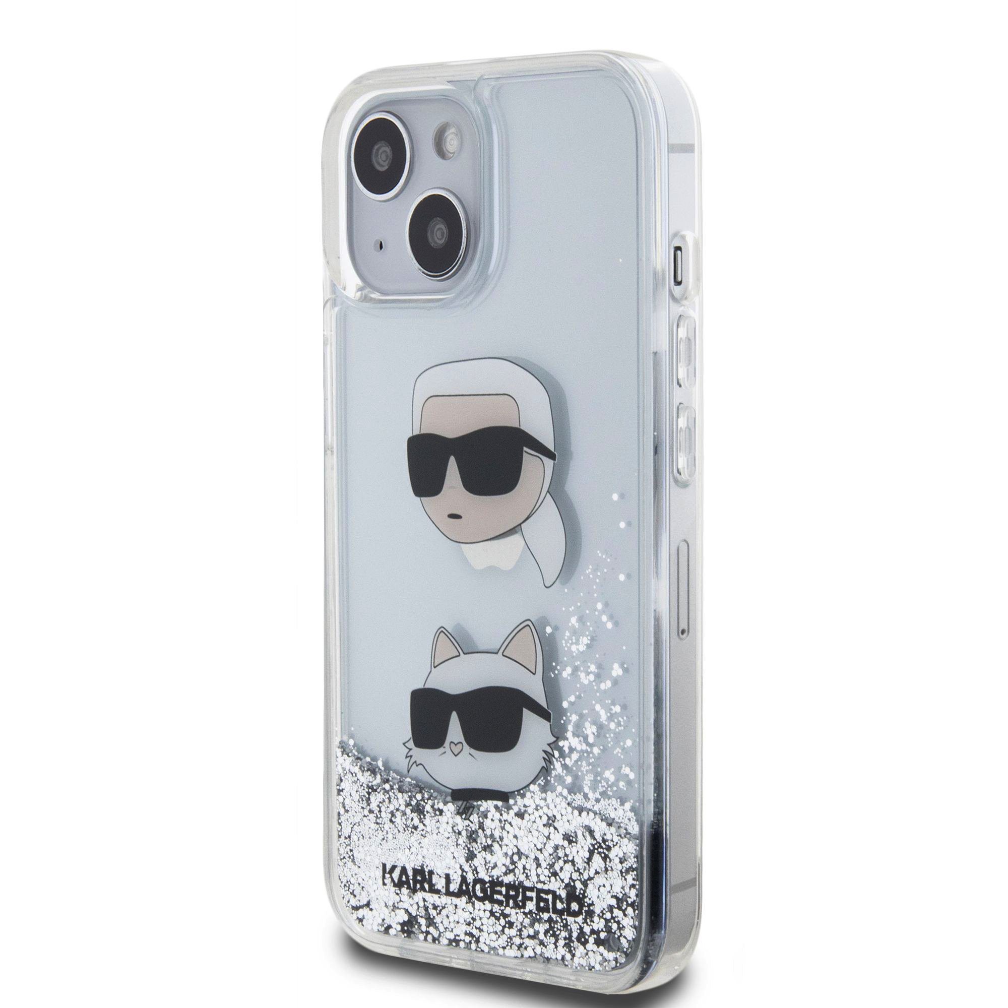 Karl Lagerfeld Liquid Glitter Karl and Choupette Head Silver iPhone 15 Tok