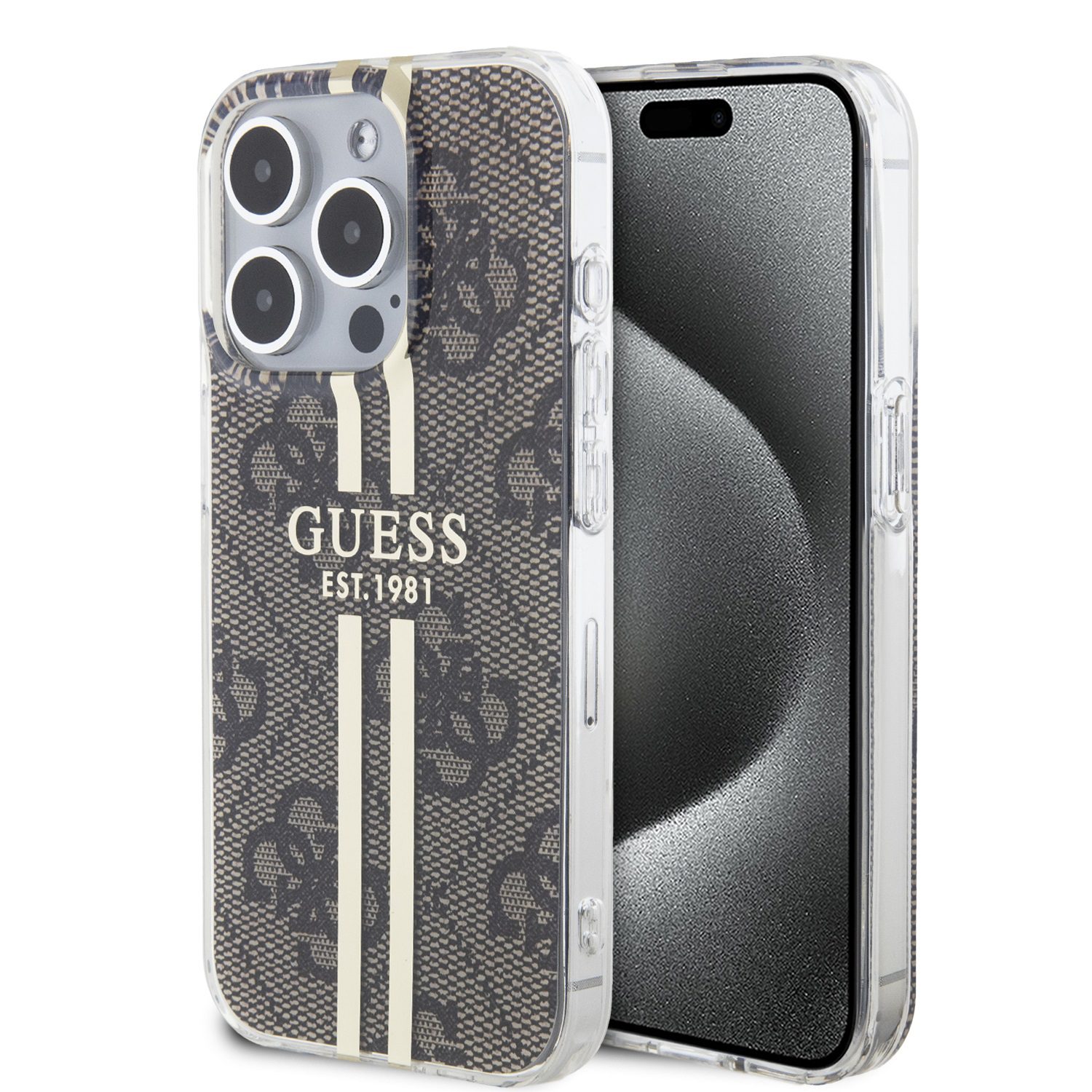 Guess IML 4G Gold Stripe Brown iPhone 15 Pro Tok