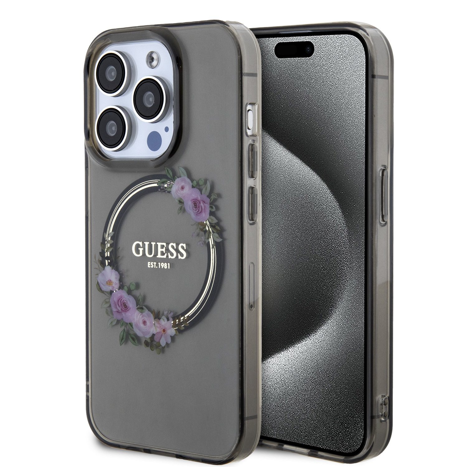 Guess PC/TPU Flowers Ring Glossy Logo MagSafe Black iPhone 13 Pro Max Tok