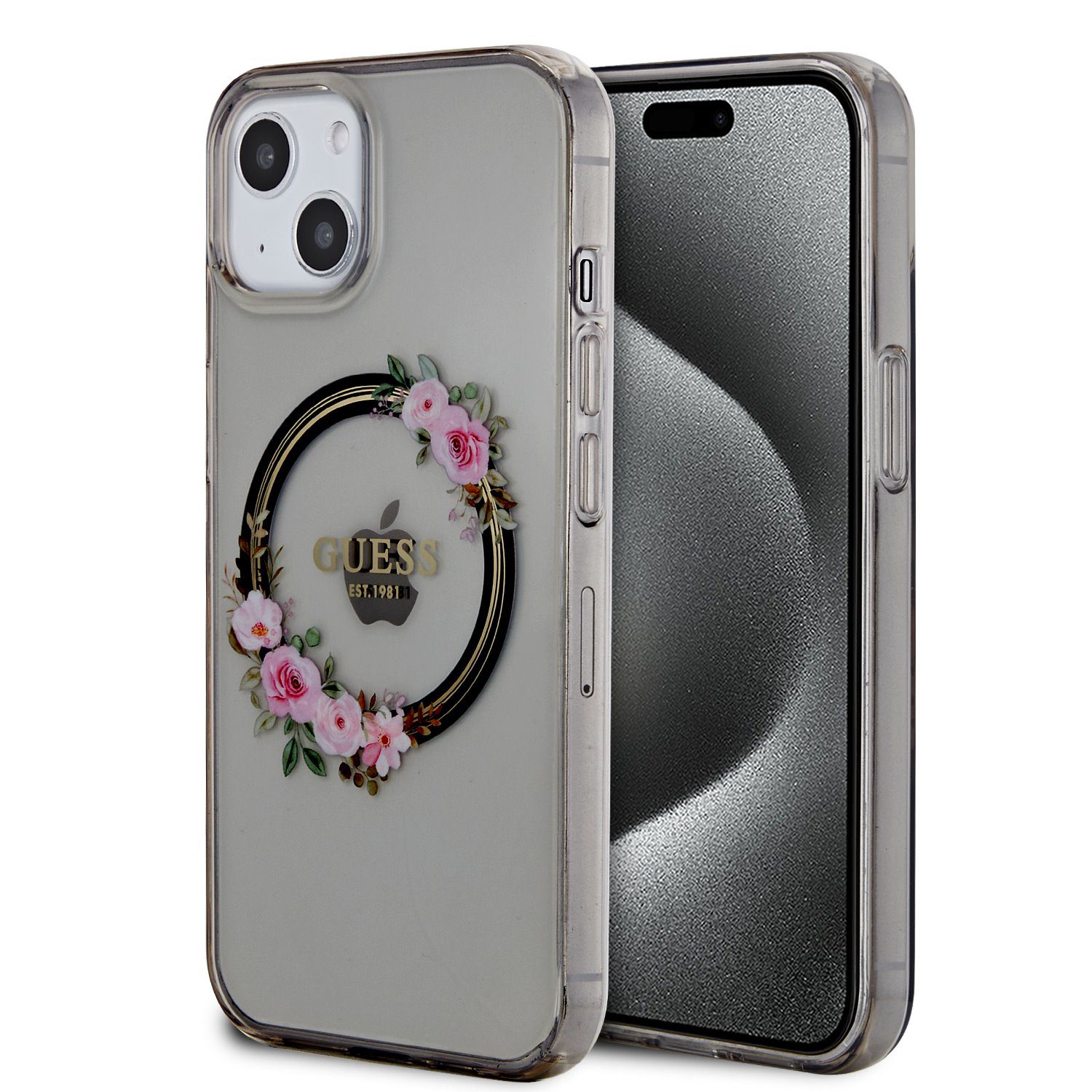 Guess PC/TPU Flowers Ring Glossy Logo MagSafe Black iPhone 13 Tok