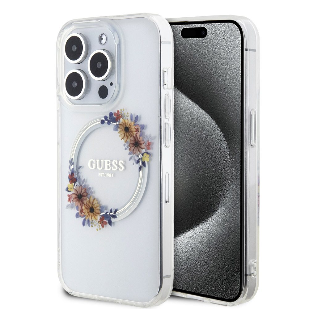 Guess PC/TPU Flowers Ring Glossy Logo MagSafe Transparent iPhone 13 Pro Tok
