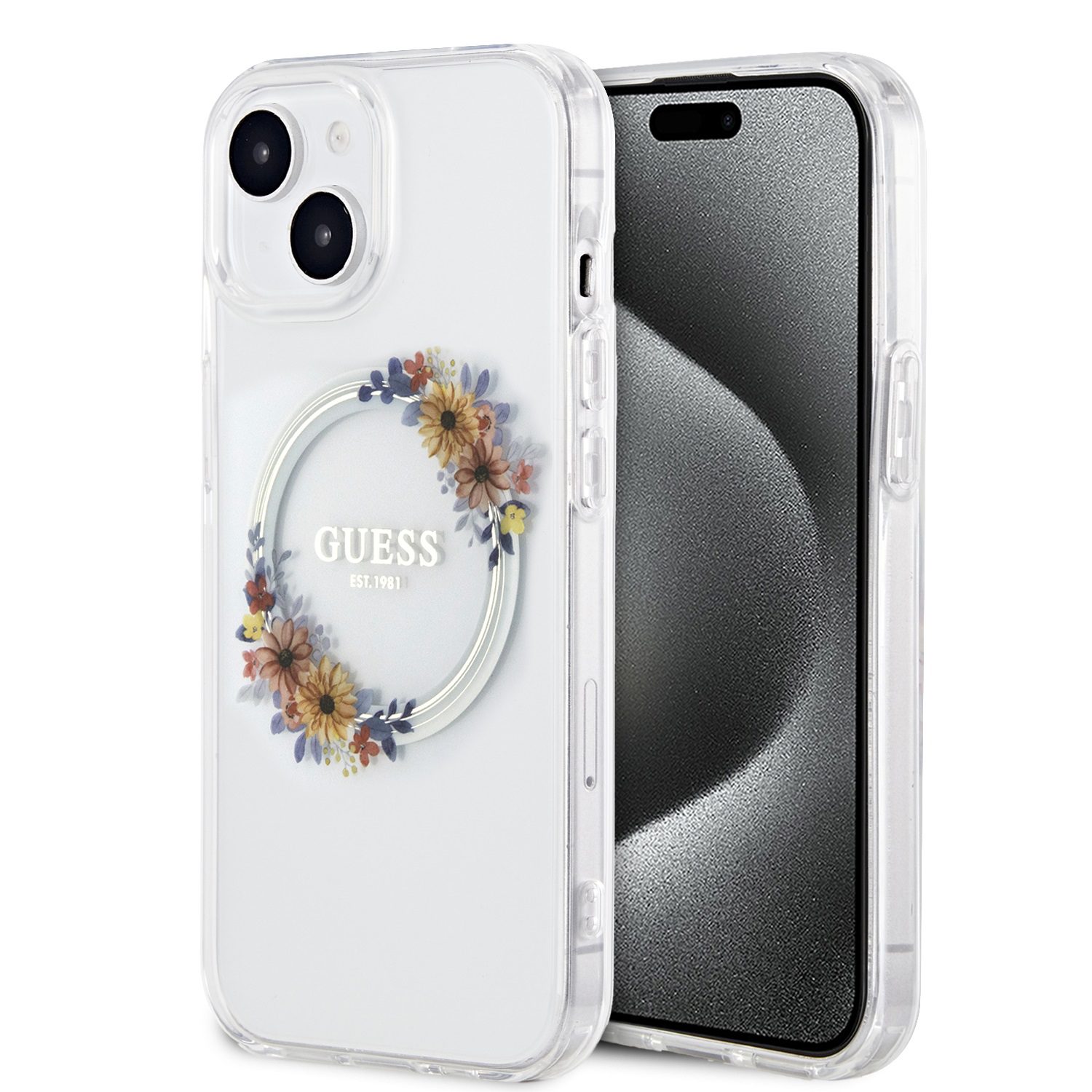 Guess PC/TPU Flowers Ring Glossy Logo MagSafe Transparent iPhone 13 Tok