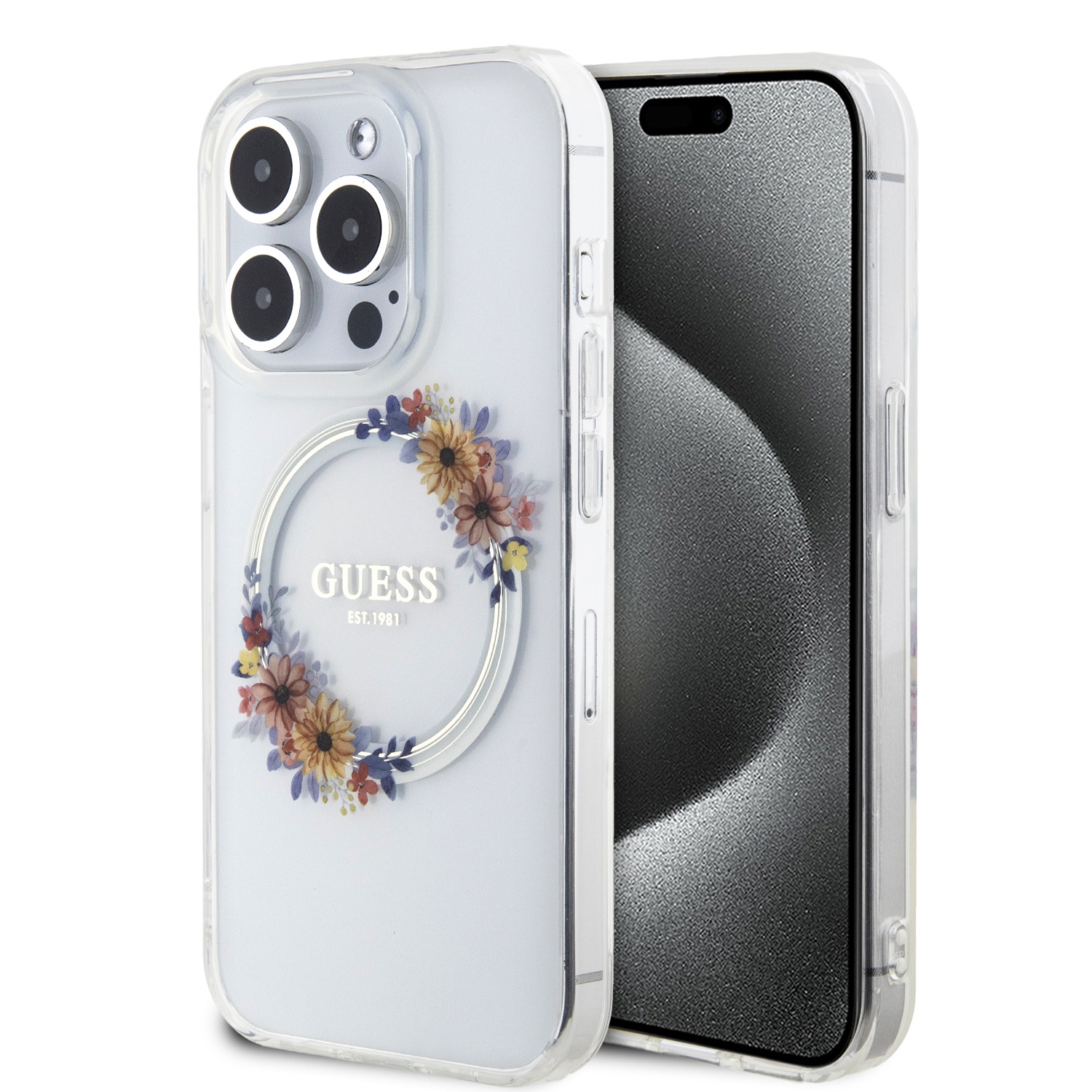 Guess PC/TPU Flowers Ring Glossy Logo MagSafe Transparent iPhone 14 Pro Tok